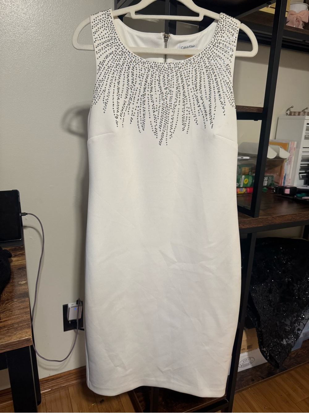 Calvin Klein White Sleeveless Rhinestone Sheath Dress